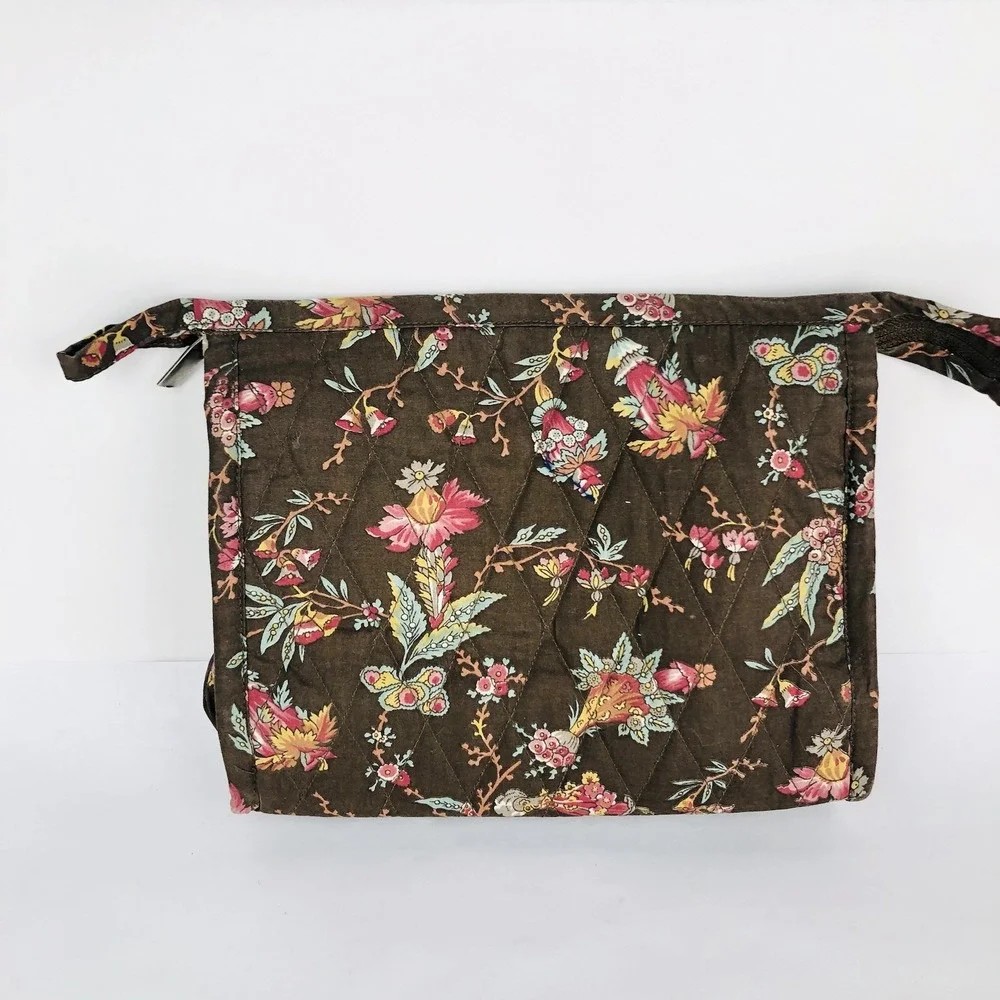 Garnet Hill 3-pc Quilted Toiletry Cosmetic Tote Purse Bag Brown Floral Set